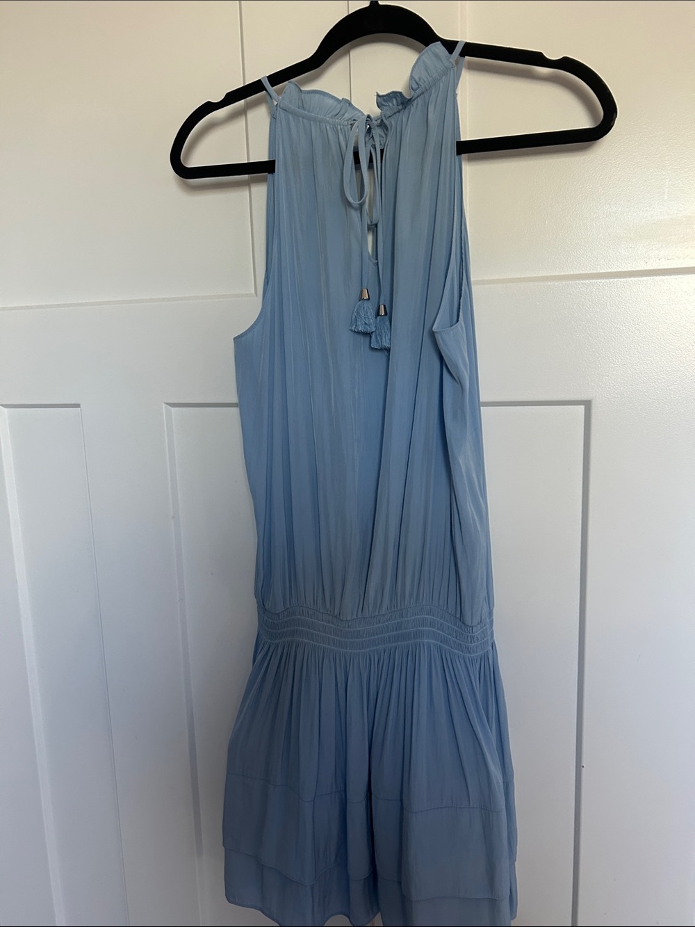 Sky Blue Sleeveless Halter Mini Dress with Tassel Tie